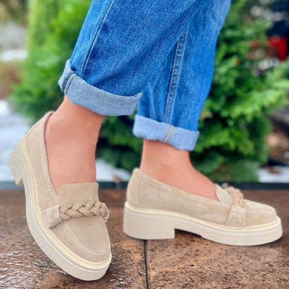 Skórzane mokasyny z ozdobą - TYMOTEO L1054 BEŻOWE