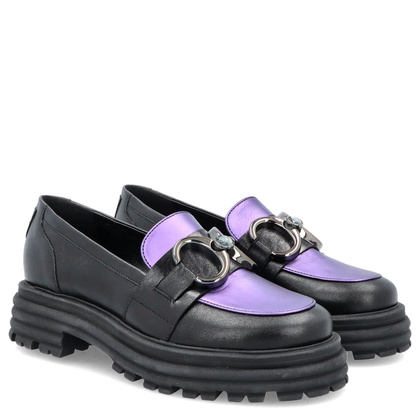 Skórzane mokasyny z ozdobą - LAURA MESSI 2692 CZARNO-FIOLETOWE