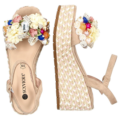 Modne sandały na koturnie - SCAVIOLA S-394 BEŻOWE