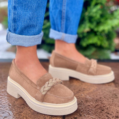 Skórzane mokasyny z ozdobą - TYMOTEO L1054 BRĄZOWE