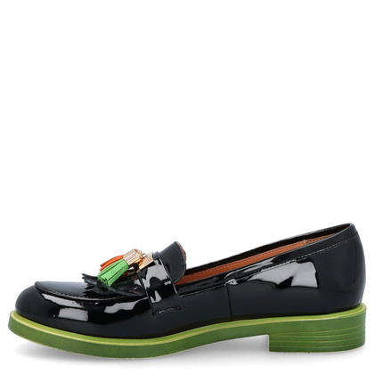 Skórzane mokasyny na kontrastowej podeszwie - TYMOTEO A1002 CZARNE+ZIELONY