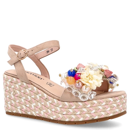 Modne sandały na koturnie - SCAVIOLA S-394 BEŻOWE