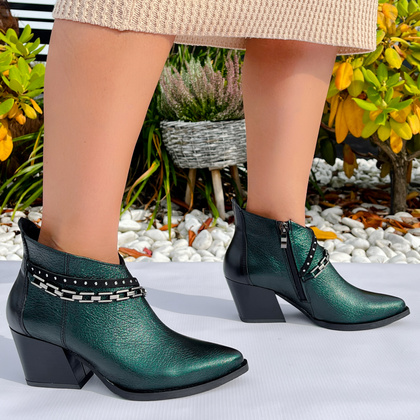 Krótkie kowbojki ze skóry - TYMOTEO G1069 BUTELKOWA ZIELEŃ