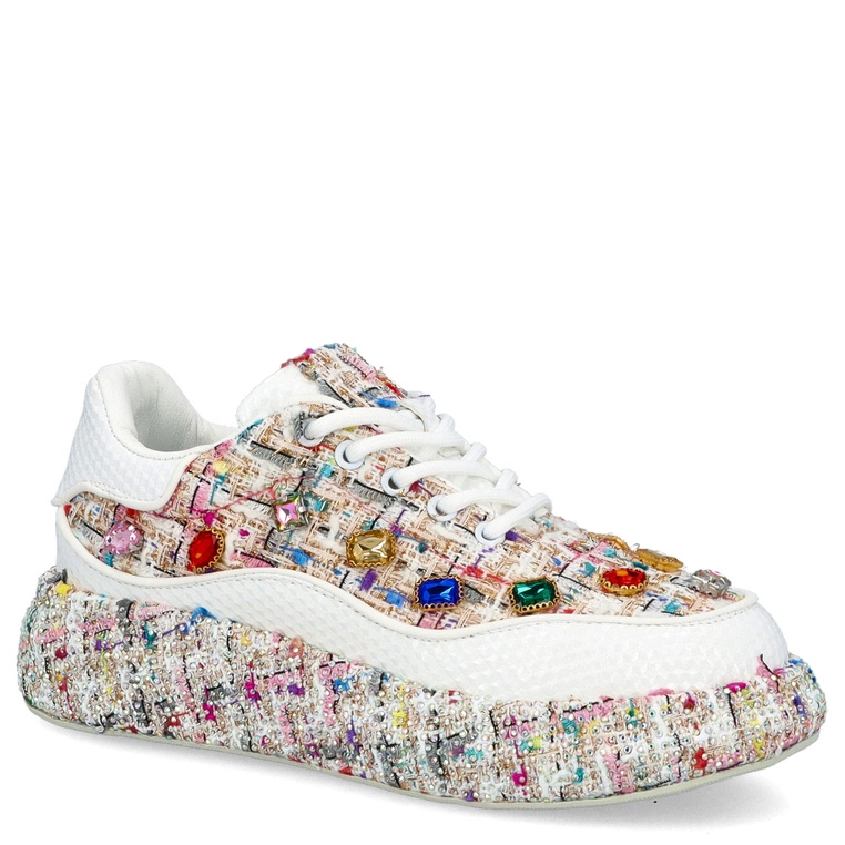 Sneakersy damskie z kryształkami - TYMOTEO LOVE 05 BEŻOWE