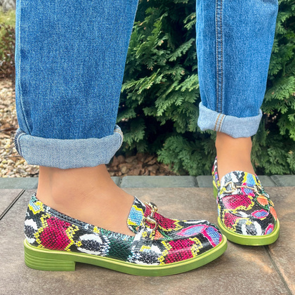 Kolorowe skórzane mokasyny - TYMOTEO A1005 KOLOROWY WĄŻ+ZIELONY