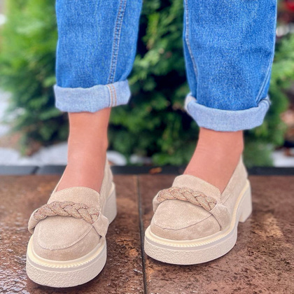 Skórzane mokasyny z ozdobą - TYMOTEO L1054 BEŻOWE