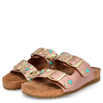 Skórzane klapki z klamerkami - EKP 3450 RÓŻOWE ZŁOTO