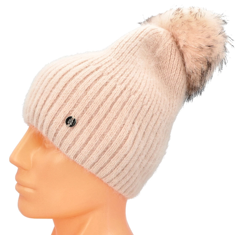 Czapka damska z pomponem - RABIONEK AN23.06PNJ BEŻOWA