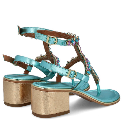 Zdobne sandały na obcasie - BOTTEGA SMERALDA 407CLC TURKUSOWE