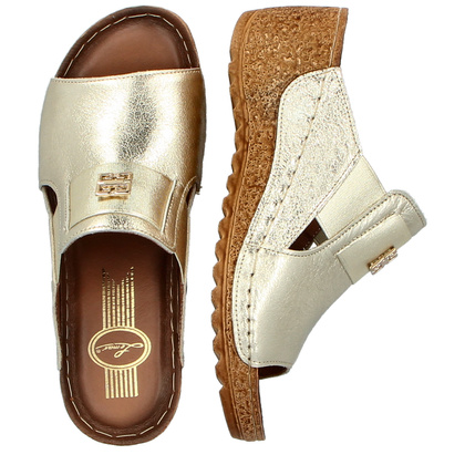 Skórzane klapki na koturnie - LEMAR 50109 ZŁOTE