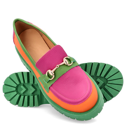 Kolorowe mokasyny ze skóry - TYMOTEO A1003 POMARAŃCZ ZIELEŃ RÓŻ
