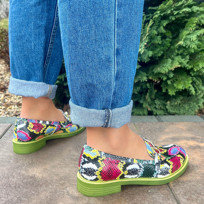 Kolorowe skórzane mokasyny - TYMOTEO A1005 KOLOROWY WĄŻ+ZIELONY