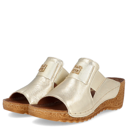 Skórzane klapki na koturnie - LEMAR 50109 ZŁOTE