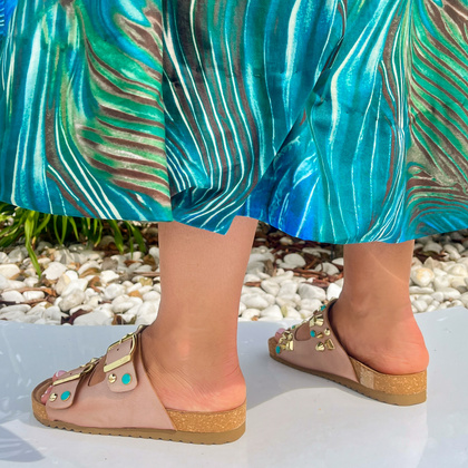 Skórzane klapki z klamerkami - EKP 3450 RÓŻOWE ZŁOTO