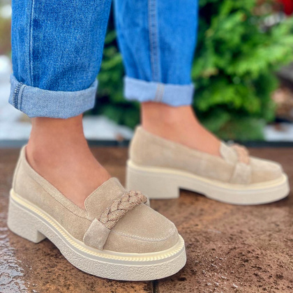 Skórzane mokasyny z ozdobą - TYMOTEO L1054 BEŻOWE