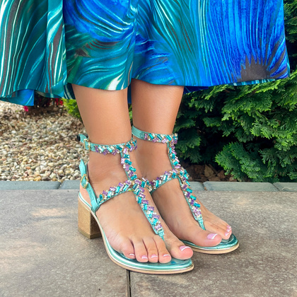 Zdobne sandały na obcasie - BOTTEGA SMERALDA 407CLC TURKUSOWE