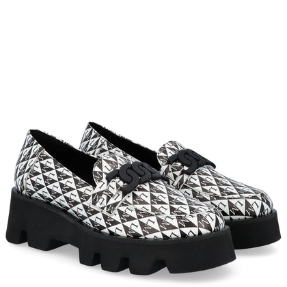 Skórzane mokasyny z ozdobą - LAURA MESSI 2601 CZARNO - BIAŁE