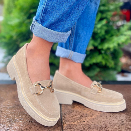 Skórzane mokasyny z klamrą - TYMOTEO L1053 BEŻOWE