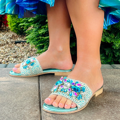 Zdobne klapki ze skóry - BOTTEGA SMERALDA 214WLD TURKUSOWE