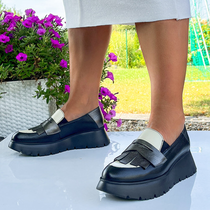 Hiszpańskie półbuty ze skóry - WONDERS C-7312 CZARNO-BEŻOWE