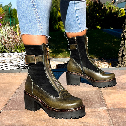 Skórzane botki na platformie - SIMEN 7197A KHAKI