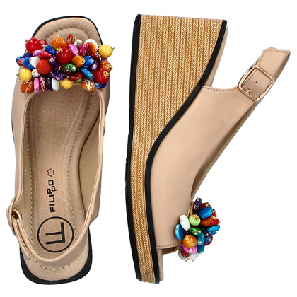 Skórzane sandały na koturnie - FILIPPO DS6021/25 BEŻOWE