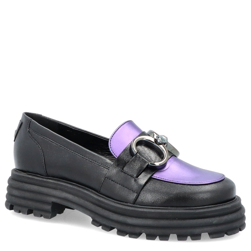 Skórzane mokasyny z ozdobą - LAURA MESSI 2692 CZARNO-FIOLETOWE