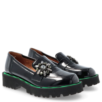 Lakierowane półbuty z ozdobą - TYMOTEO G1050 CZARNE + ZIELONY