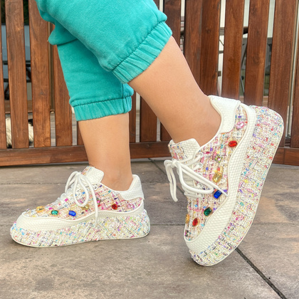 Sneakersy damskie z kryształkami - TYMOTEO LOVE 05 BEŻOWE