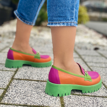 Kolorowe mokasyny ze skóry - TYMOTEO A1003 POMARAŃCZ ZIELEŃ RÓŻ