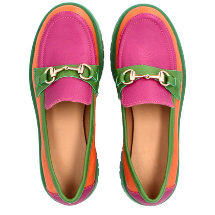 Kolorowe mokasyny ze skóry - TYMOTEO A1003 POMARAŃCZ ZIELEŃ RÓŻ