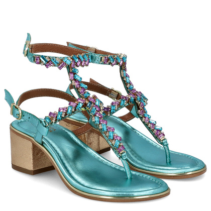 Zdobne sandały na obcasie - BOTTEGA SMERALDA 407CLC TURKUSOWE