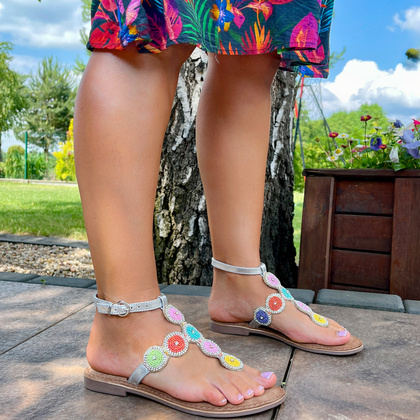 Skórzane sandały damskie - LAZAMANI LA75452 SREBRNE