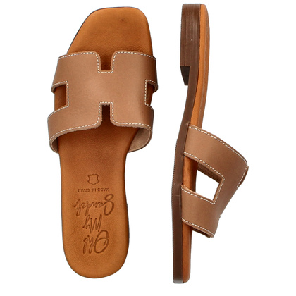 Wygodne klapki ze skóry - OH! MY SANDALS 5566 JASNY BRĄZ