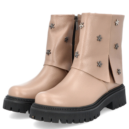 Skórzane botki z wywijaną cholewką - TYMOTEO G1068 BEŻOWE