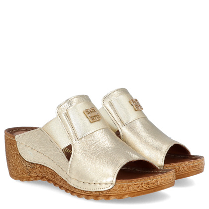 Skórzane klapki na koturnie - LEMAR 50109 ZŁOTE