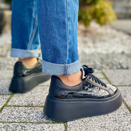 Skórzane sneakersy na grubej podeszwie - TYMOTEO P1020 CZARNE