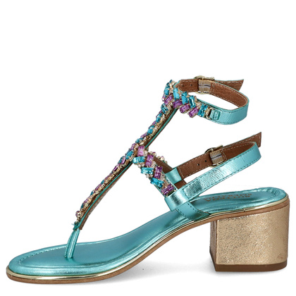 Zdobne sandały na obcasie - BOTTEGA SMERALDA 407CLC TURKUSOWE
