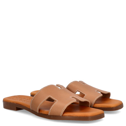 Wygodne klapki ze skóry - OH! MY SANDALS 5566 JASNY BRĄZ