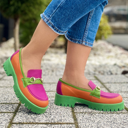 Kolorowe mokasyny ze skóry - TYMOTEO A1003 POMARAŃCZ ZIELEŃ RÓŻ