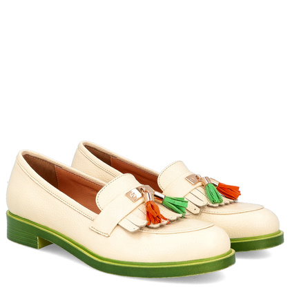 Skórzane mokasyny na kontrastowej podeszwie - TYMOTEO A1002 BEŻ+ZIELONY