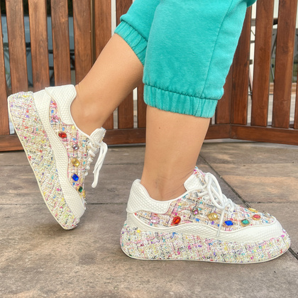 Sneakersy damskie z kryształkami - TYMOTEO LOVE 05 BEŻOWE