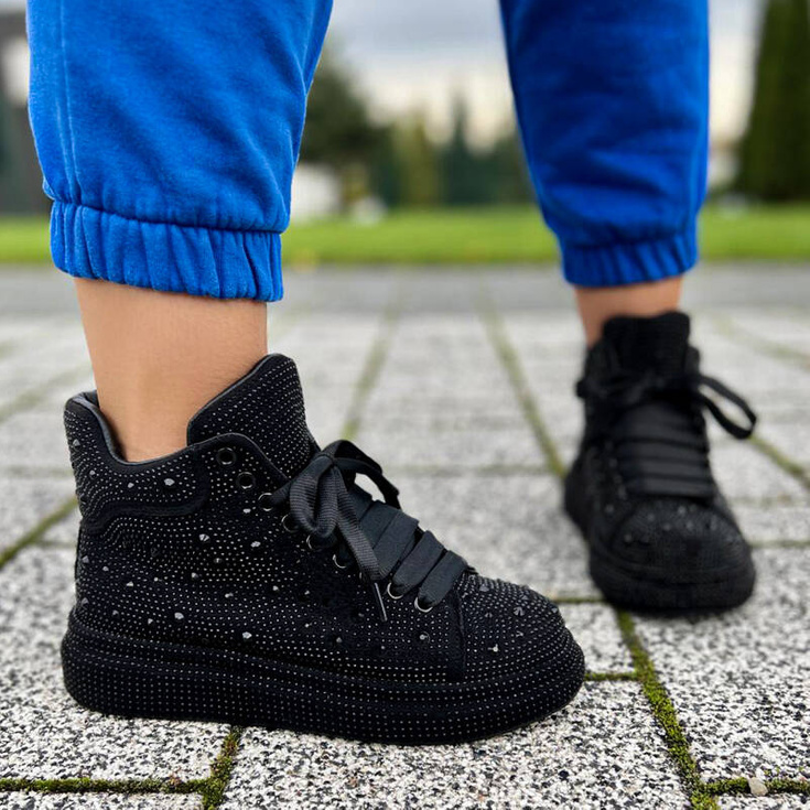 Błyszczące wysokie sneakersy damskie  - TYMOTEO LOVE 04 CZARNE