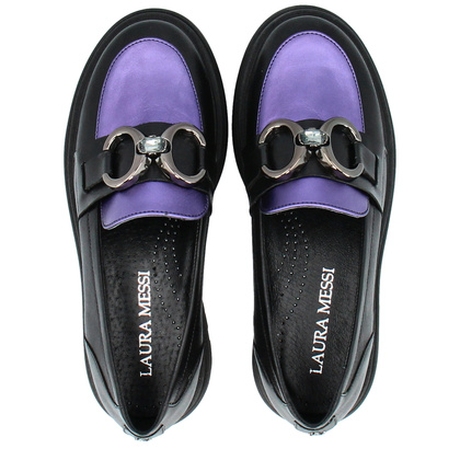 Skórzane mokasyny z ozdobą - LAURA MESSI 2692 CZARNO-FIOLETOWE