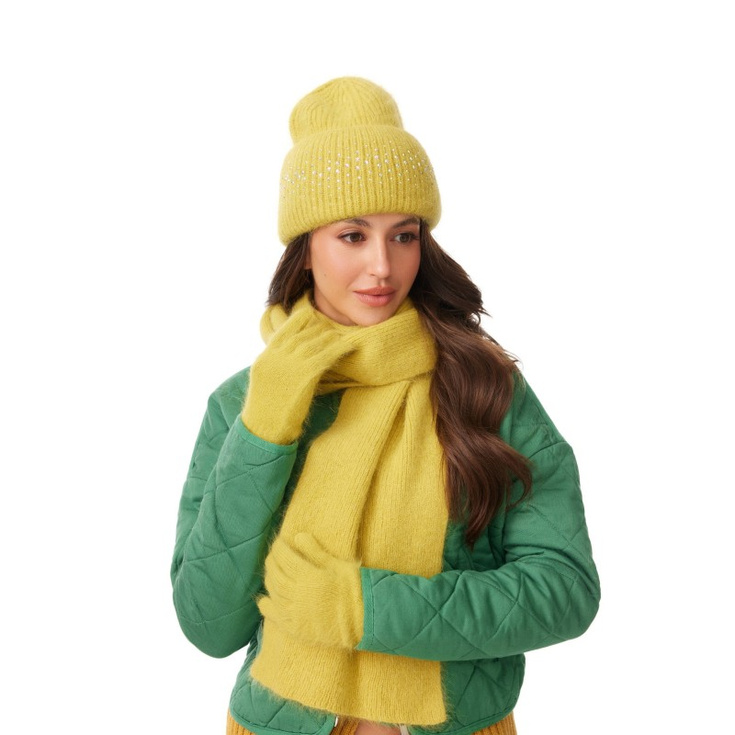 Czapka damska z cyrkoniami - RABIONEK AN24.09 OLIWKOWA