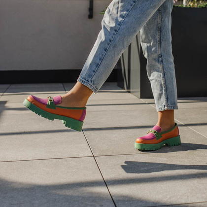 Kolorowe mokasyny ze skóry - TYMOTEO A1003 POMARAŃCZ ZIELEŃ RÓŻ