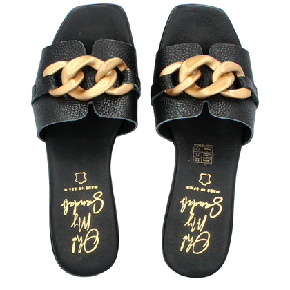 Skórzane klapki z ozdobą - OH! MY SANDALS 5348 CZARNE