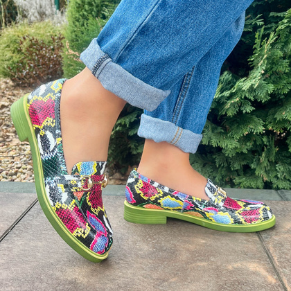 Kolorowe skórzane mokasyny - TYMOTEO A1005 KOLOROWY WĄŻ+ZIELONY