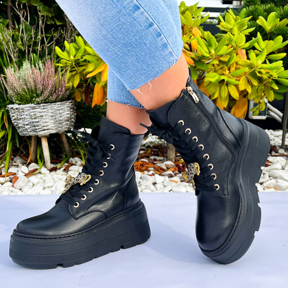 Skórzane workery na platformie - KARINO 5329 CZARNE