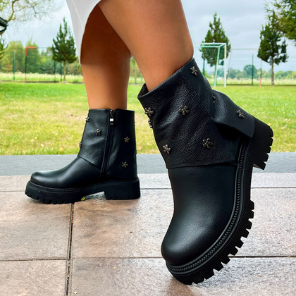 Skórzane botki z wywijaną cholewką - TYMOTEO G1068 CZARNE